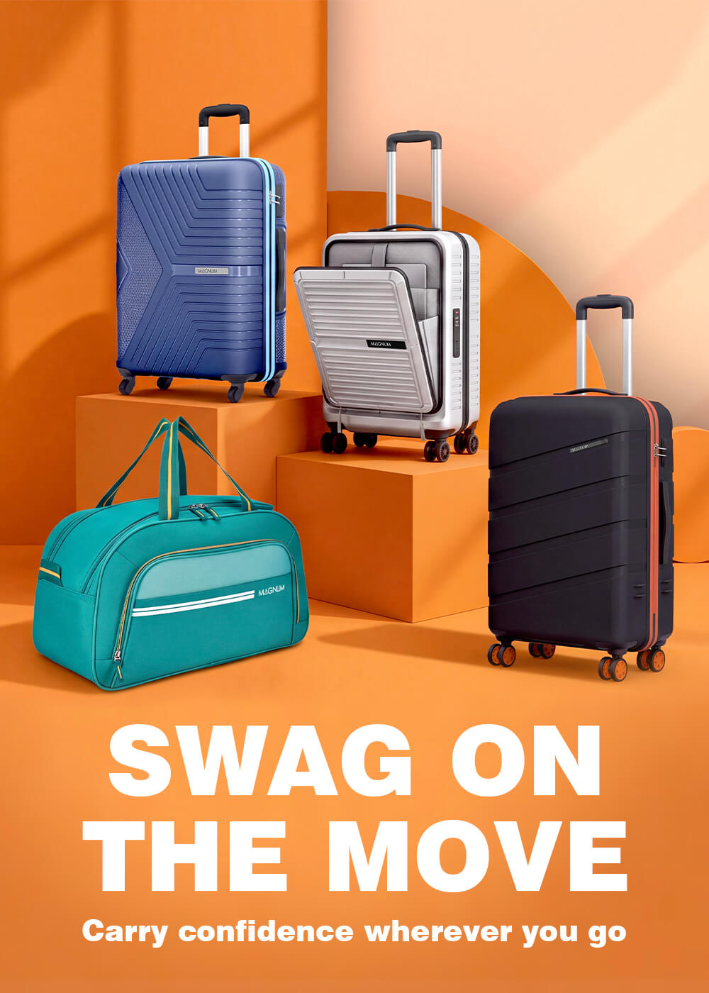 Four pieces of luggage displayed in a studio setup: a blue hardshell suitcase, a silver hardshell suitcase with its door open, a black hardshell suitcase, and a teal duffel bag. The background is a warm orange geometric set with the text 'SWAG ON THE MOVE' and 'Carry confidence wherever you go' at the bottom.