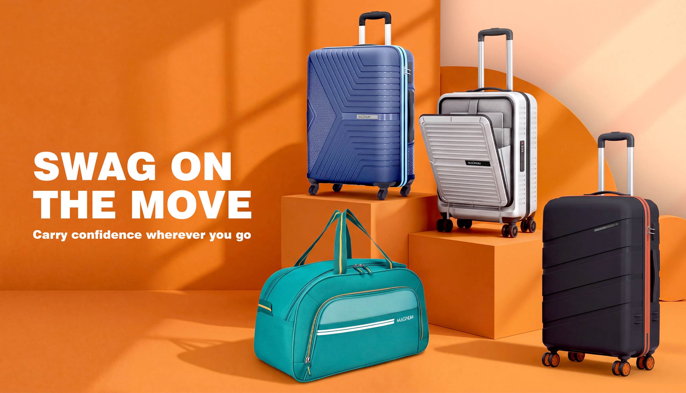 Four travel luggage pieces displayed in a stylized studio setup: a blue hardshell suitcase, a silver and white checked suitcase, a black hardshell suitcase, and a teal duffel bag. Large text on the left reads 'SWAG ON THE MOVE' with smaller text below.