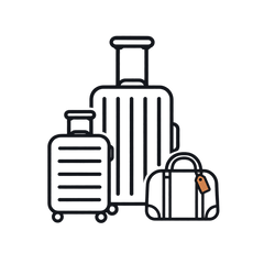 A minimalist black line icon depicting three pieces of luggage—a hardshell suitcase, a larger upright suitcase, and a duffel bag—with a small brown luggage tag, set against a solid white background.