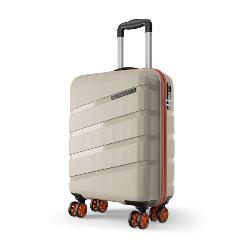A hard-shell carry-on suitcase in warm beige with horizontal ridges, a black telescoping handle, and orange-brown wheels, shown on a clean white background.