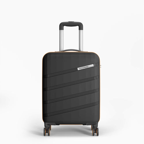 A black hard-shell spinner suitcase with diagonal textured stripes, a silver telescopic handle, and a small silver brand plaque reading 'MAGPOO', shown on a clean white background.