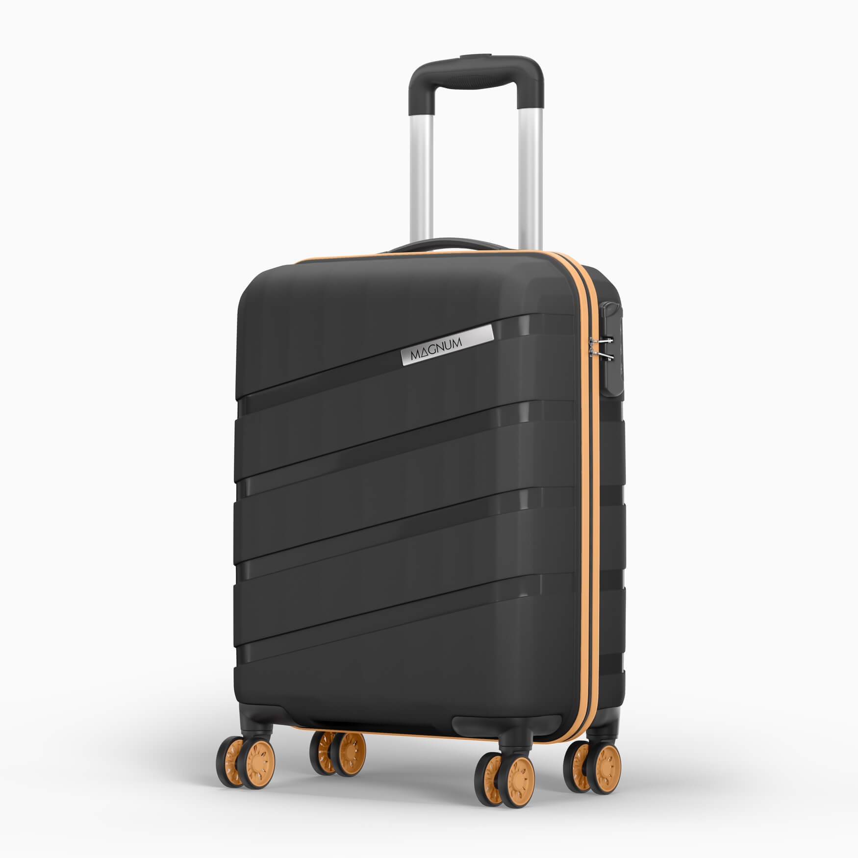 A black hard-shell spinner suitcase with a silver telescoping handle, gold trim, and four wheels, shown on a light gray background.