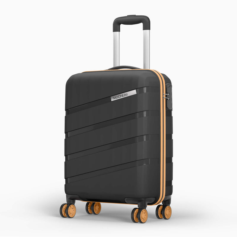 A black hard-shell spinner suitcase with a silver telescoping handle, gold trim, and four wheels, shown on a light gray background.