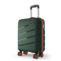 A dark green hard-shell spinner suitcase with orange accents and a telescoping handle, shown on a clean white background.