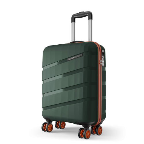 A dark green hard-shell spinner suitcase with orange accents and a telescoping handle, shown on a clean white background.