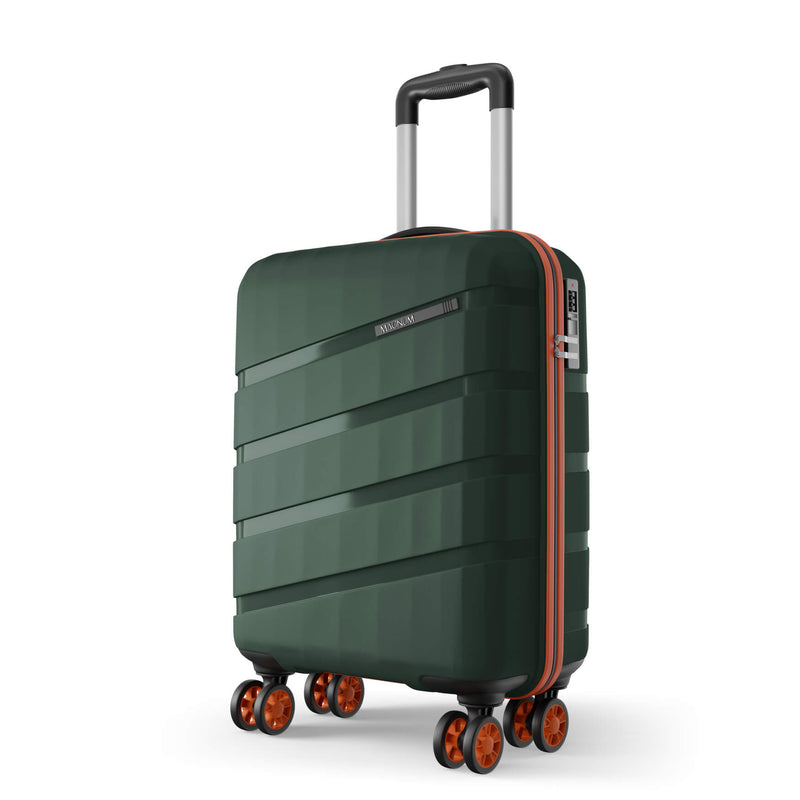 A dark green hard-shell spinner suitcase with orange accents and a telescoping handle, shown on a clean white background.
