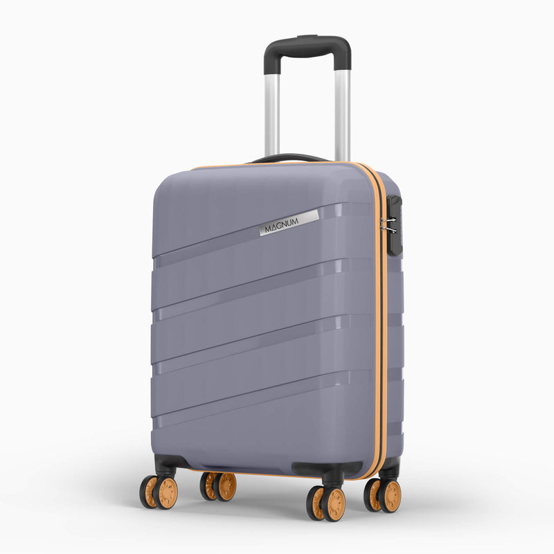 A hard-shell spinner suitcase in a muted lavender-gray color with orange-brown wheels and a thin orange zipper trim, shown on a clean white background. The brand name 'MAOKAN' is visible on the front.