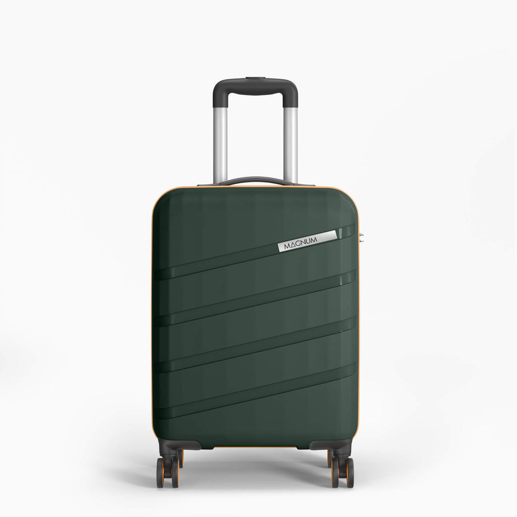 A dark green hard-shell suitcase with diagonal stripe patterns, a silver telescopic handle, and a small silver 'MAGPANDA' brand tag, shown on a clean white background.
