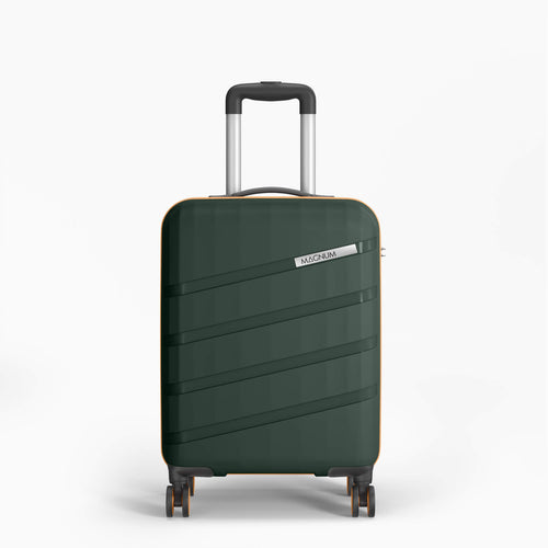 A dark green hard-shell suitcase with diagonal stripe patterns, a silver telescopic handle, and a small silver 'MAGPANDA' brand tag, shown on a clean white background.