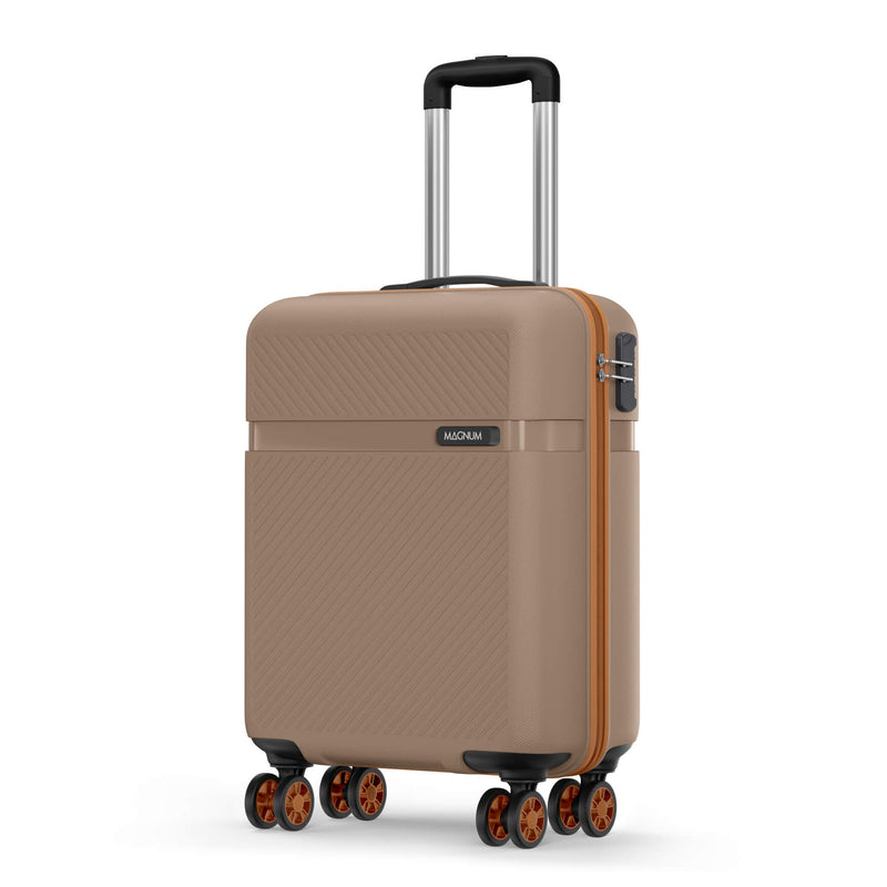 A beige hard-shell carry-on suitcase with a diagonal textured pattern, featuring a silver telescopic handle, four spinner wheels, and a zippered compartment with a brown zipper track. The brand name 'INORM' is visible on a small black label on the front.