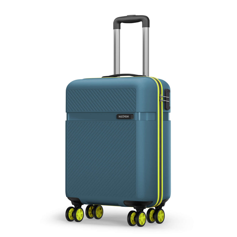 A blue hard-shell spinner suitcase with a yellow accent stripe, featuring a textured diagonal pattern on the front, a black handle, and four wheels with yellow accents, shown on a white background.