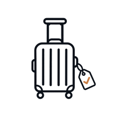 A minimalist black line icon of a rolling suitcase with an extended handle and a hanging tag, centered on a light gray background.