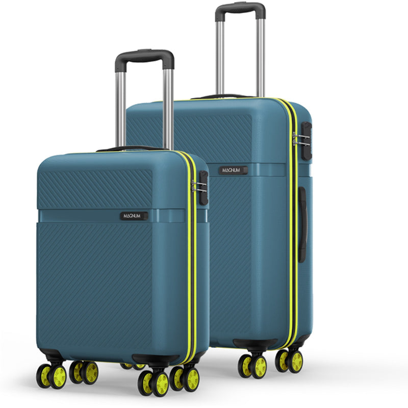 Two hard-shell spinner suitcases in a muted blue-gray color with bright yellow-green accents and black handles, shown on a clean white studio background. The larger suitcase stands behind the smaller one, and both have the brand name NOZAIM visible on small front labels.