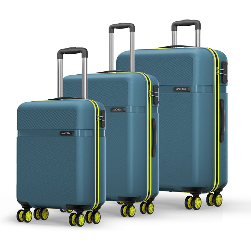 Three hard-shell spinner suitcases in a matching teal-blue color with bright yellow-green trim and black handles, arranged by size on a clean white background. The brand name 'MOHAM' is visible on the front of each suitcase.