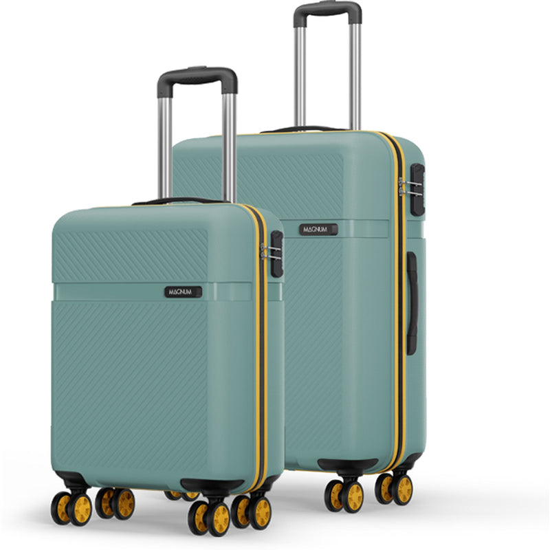 Two hard-shell spinner suitcases in a muted teal-green color with yellow trim and black handles, shown on a clean white background. The larger suitcase stands behind the smaller one, both displaying the brand name 'NAOMI' on a small black badge.