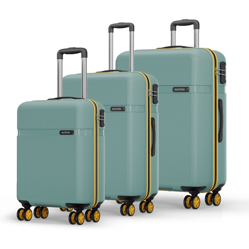 Three hard-shell spinner suitcases in a dusty teal color with yellow trim and black handles, arranged by size on a white background. The brand name 'BONKI' is visible on the front of each suitcase.