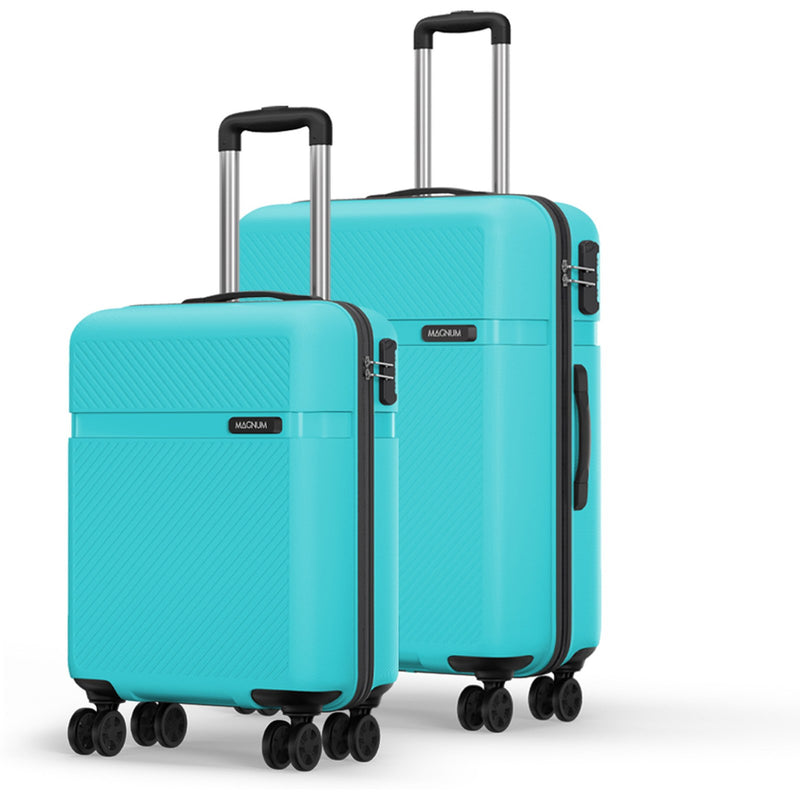 Two turquoise hard-shell spinner suitcases with black handles and zippers, shown on a clean white background. The larger suitcase stands behind the smaller one, and both have the brand name 'NOOKAI' visible on their front panels.