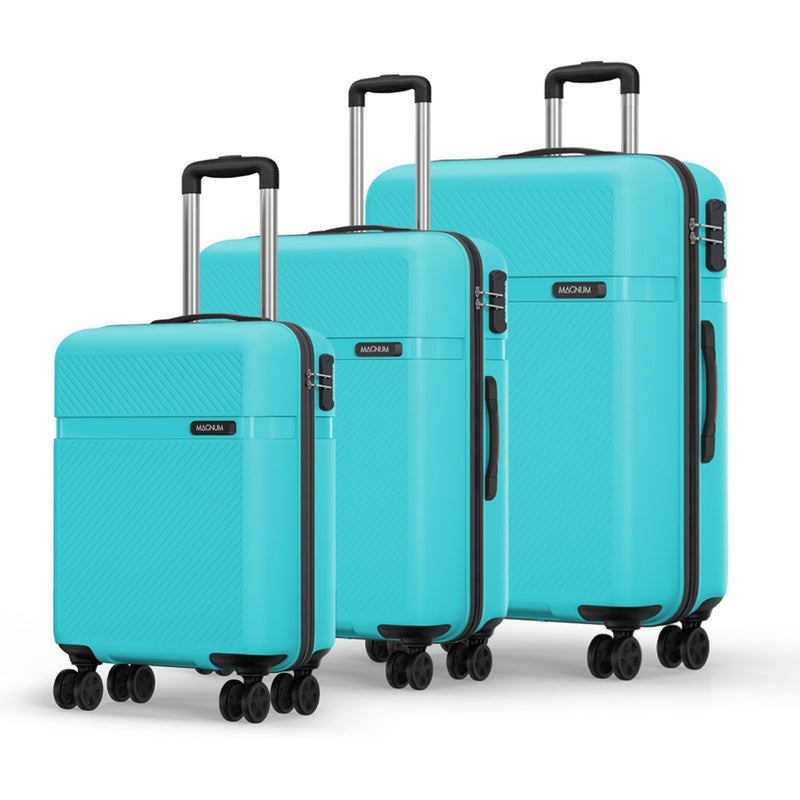 Three turquoise hard-shell spinner suitcases in different sizes with black handles and trim, displayed on a clean white background. The brand name 'BONAI' is visible on the front of each suitcase.