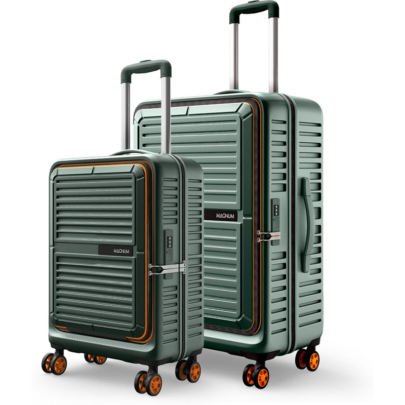 Two hard-shell rolling suitcases in a muted sage green with orange trim accents, shown on a clean white background. The smaller suitcase is in front of the larger one, both with telescoping handles extended and four wheels visible.