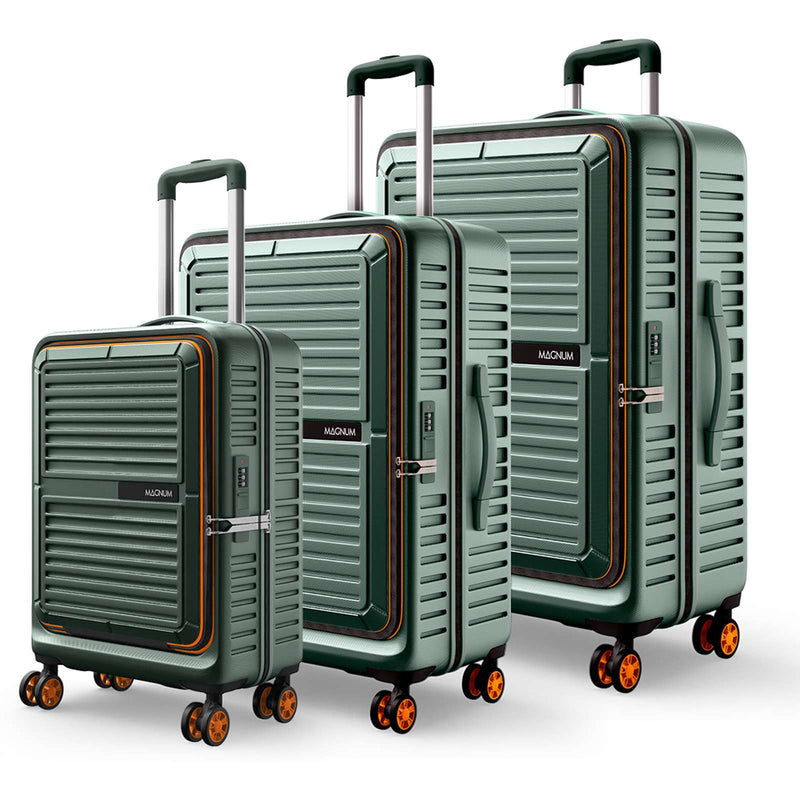 Three hard-shell spinner suitcases in a muted sage green color with orange trim accents, displayed in a nested size set against a clean white background. The suitcases feature a ribbed design, telescoping handles, and the brand name 'MACKNAM' is visible on the front of each case.