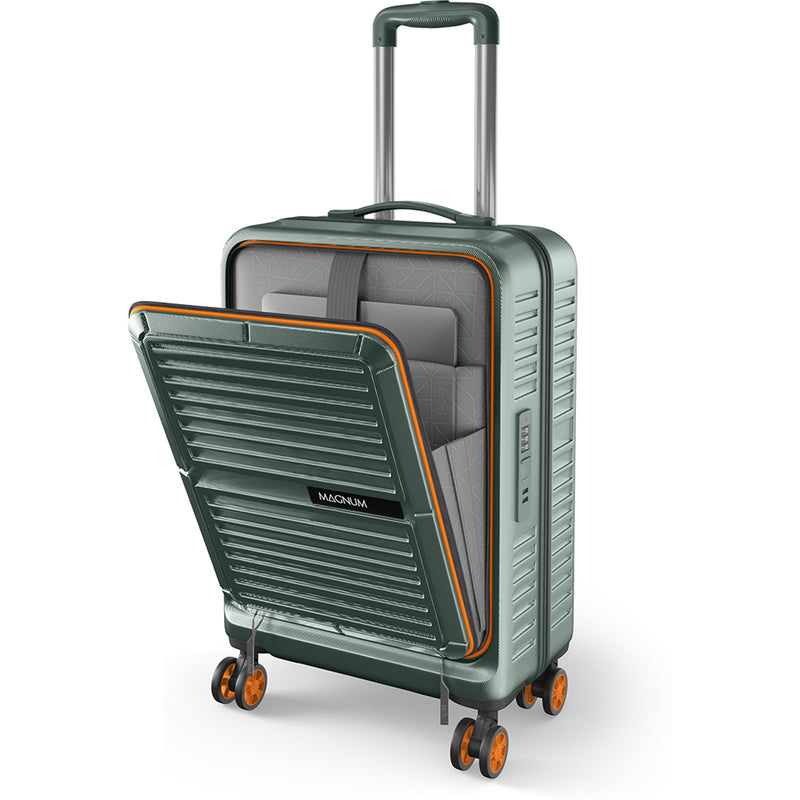 A green hard-shell carry-on suitcase with its front door open, showing gray interior compartments and orange trim accents. The suitcase has a telescoping handle extended upward and four wheels with orange accents, photographed on a clean white background.