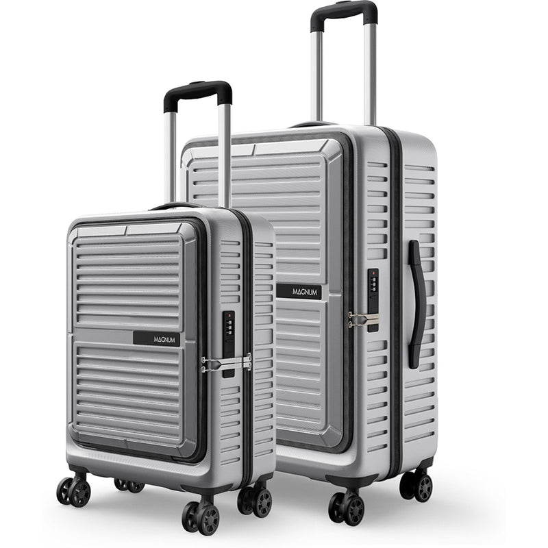 Two silver hard-shell spinner suitcases with black handles and trim, shown on a clean white background. The larger suitcase stands behind the smaller one, both featuring the NOKIA brand name on a black label on the front.