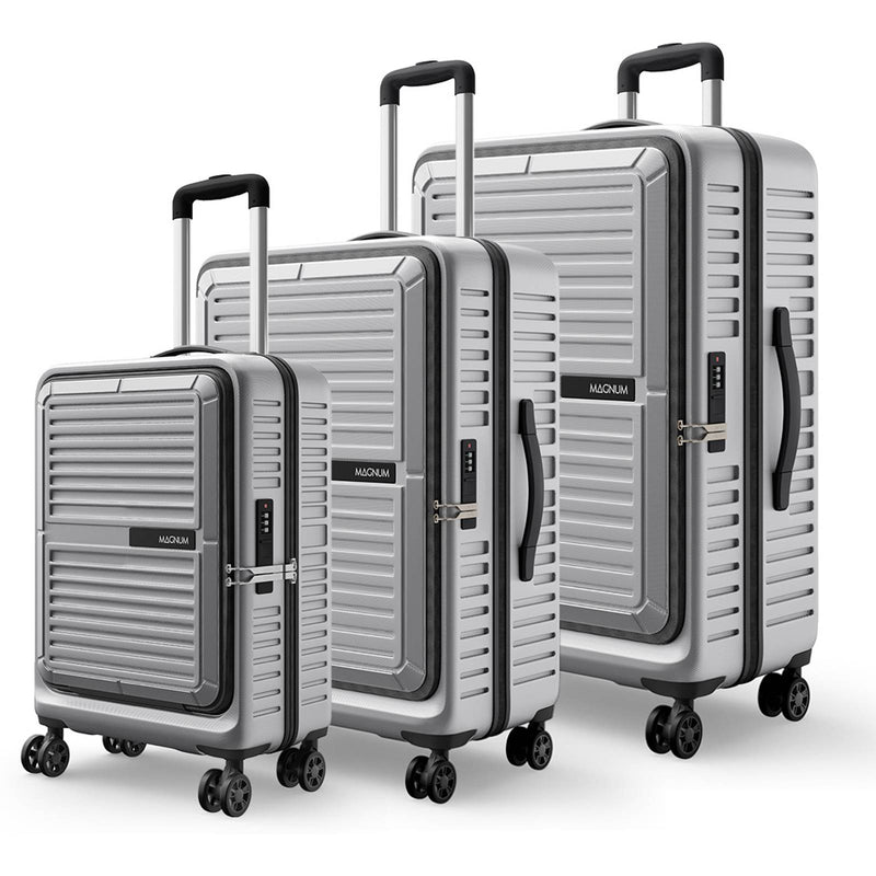 Three silver hard-shell spinner suitcases of different sizes with black handles and ZIPLOCK branding, displayed on a clean white background.