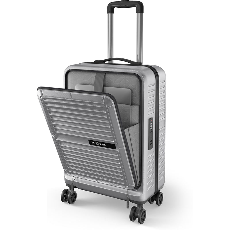 A silver hard-shell carry-on suitcase with an extended telescoping handle and four spinner wheels, shown with its front compartment open to reveal interior pockets and a laptop sleeve. The brand name MACOON is visible on a small black label on the open compartment.