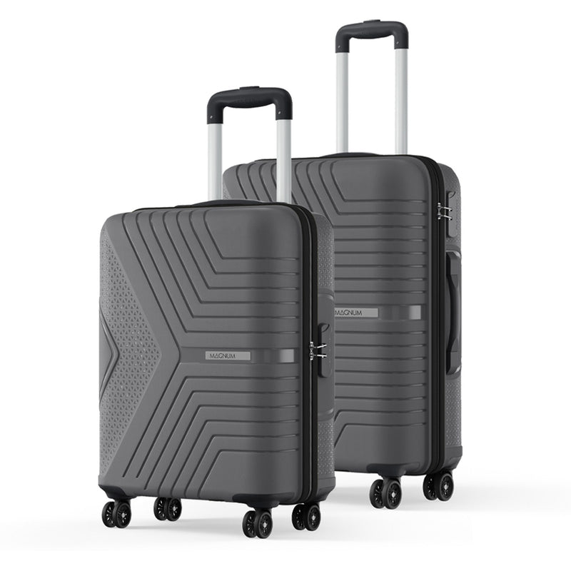 Two dark gray hardshell spinner suitcases with geometric textured patterns, shown on a clean white background. The smaller suitcase is in front of the larger one, both with telescoping handles extended.