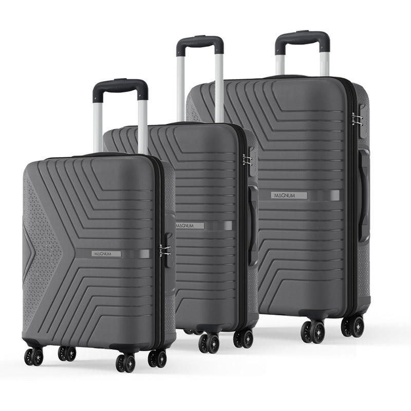 Three-piece gray hardshell spinner luggage set with geometric textured patterns and silver telescoping handles, shown on a white background.