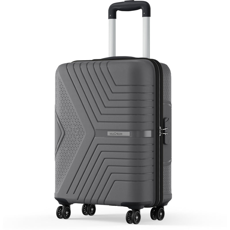 A dark gray hardshell spinner suitcase with a geometric textured design, a telescoping handle, and four wheels, shown on a clean white background.
