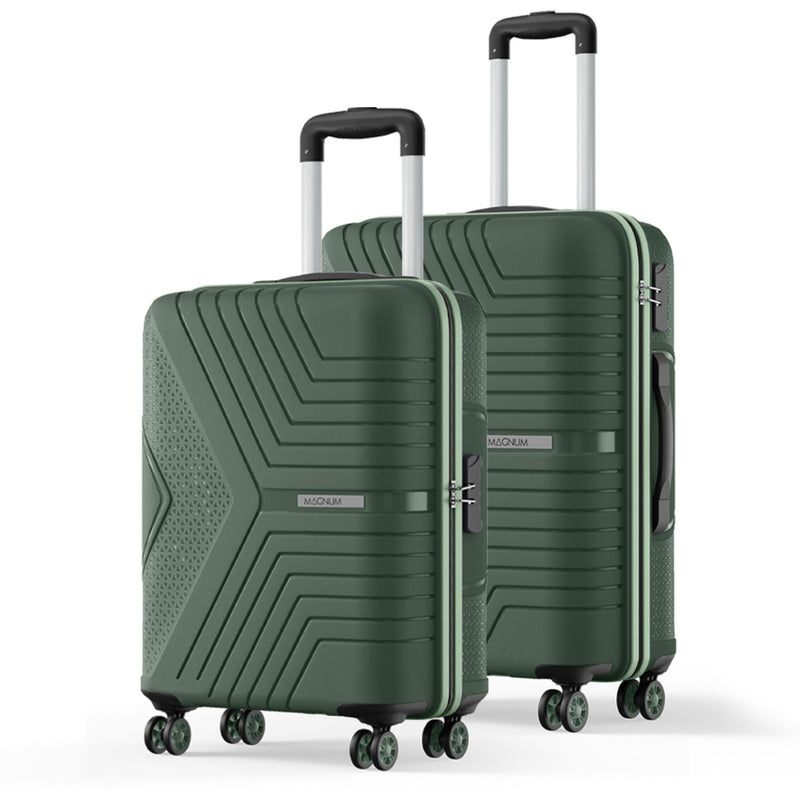 Two hard-shell spinner suitcases in dark green with geometric textured patterns, shown on a clean white background. The smaller suitcase in front has an extended black handle and silver telescopic shaft, while the larger suitcase behind has its handle retracted.
