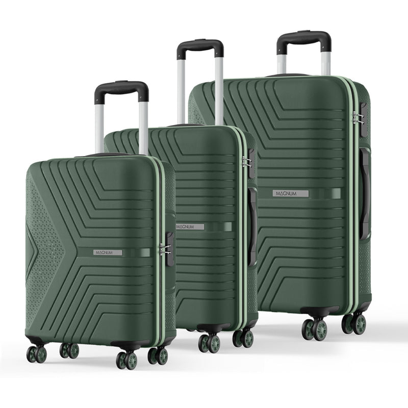 Three-piece luggage set in dark green with a textured geometric pattern, featuring silver telescoping handles and four wheels, shown on a white background.