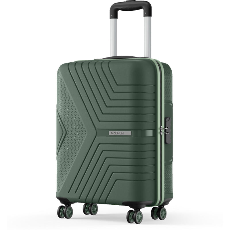 A dark green hardshell suitcase with geometric side patterns, a telescoping handle, and four spinner wheels, shown on a plain white background.
