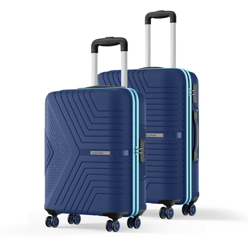 Two navy blue hard-shell spinner suitcases with geometric textured patterns and light blue accent lines, shown on a clean white background.