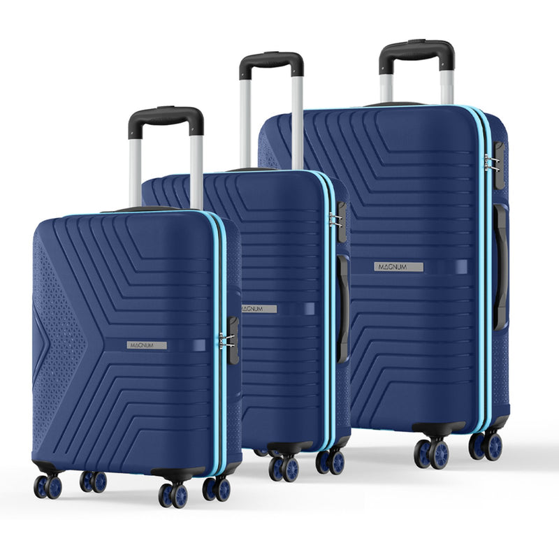 Three-piece navy blue hardshell spinner luggage set with geometric patterns and light blue accent lines, shown on a white background.