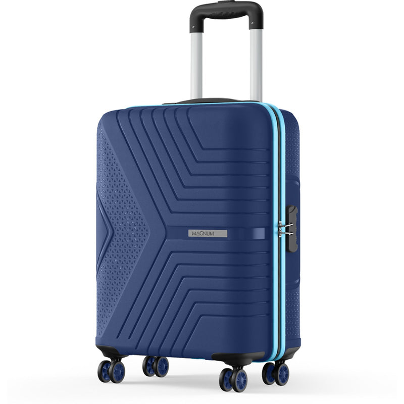 A blue hard-shell spinner suitcase with a geometric textured design, a light blue accent stripe along the zipper, and an extended silver telescopic handle, shown on a white background.