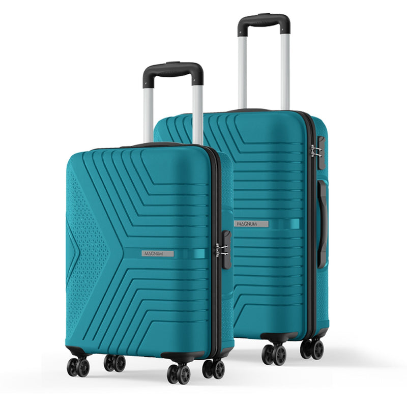 Two hard-shell spinner suitcases in a bright teal-blue color, shown on a clean white background. The smaller suitcase is in front of the larger one, both with telescoping handles extended and the brand name 'MOONKAI' visible on the front.