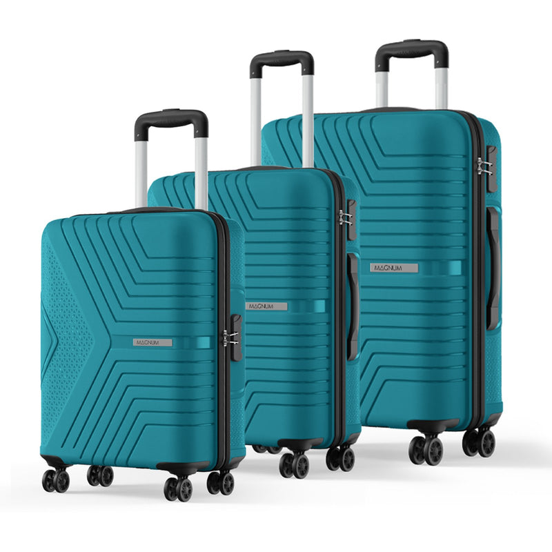 Three-piece Huzaker hardshell spinner luggage set in a vibrant teal blue-green color, featuring geometric patterns, telescoping handles, and four wheels each, shown on a clean white background.