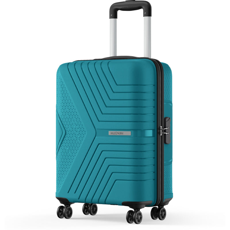 A teal blue hardshell spinner suitcase with a textured geometric pattern, black zippers, and a telescoping handle, shown on a white background.