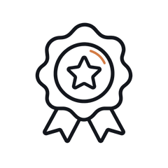A minimalist black line icon of a ribbon seal with a star in the center and a small orange arc accent, shown on a plain white background.