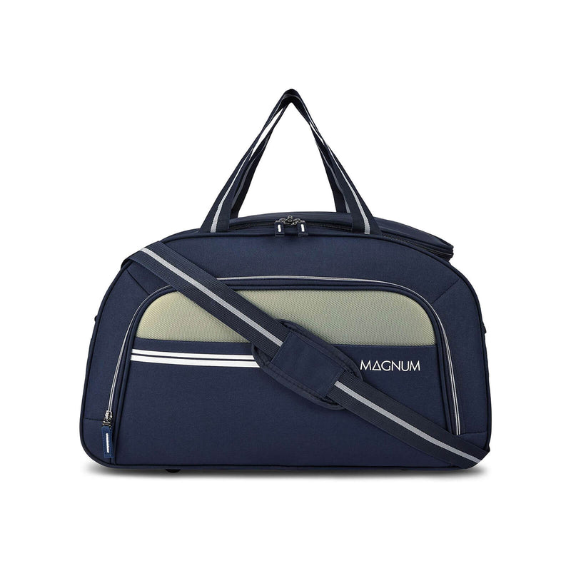 A navy blue duffel bag with a front mesh pet window, white stripe accents, dual top handles, and a diagonal shoulder strap. The brand name 'MAGNUM' is printed in white on the front right side.