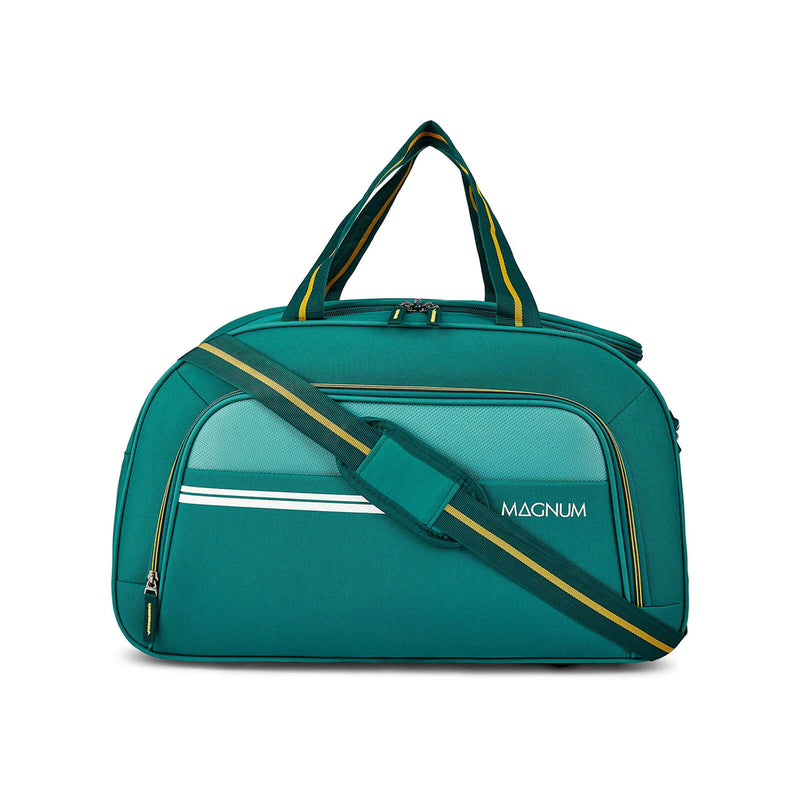 A teal green duffel bag with yellow and white stripe accents, featuring dual top handles, a diagonal shoulder strap, and the brand name MAGNUM printed on the front.