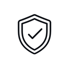 A minimalist black line icon of a shield with a checkmark inside, centered on a solid white background.
